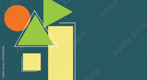 Abstract geometric shapes on dark teal background, featuring orange, green, and yellow hues