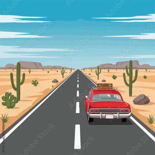 A red car drives down a desert road