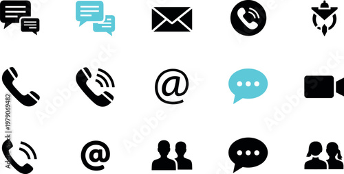 Communication and contact icon set featuring phone email chat user support symbols in modern flat vector style for digital interface