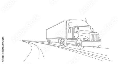 Quadro em tela Semi-trailer truck outline driving on a winding road, black and white line art