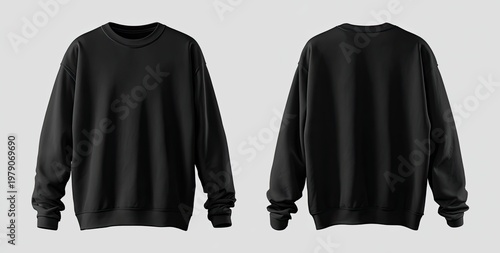 Front and back view of a plain black crewneck sweatshirt on a light gray background