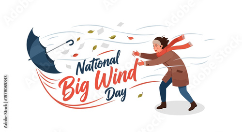 On National Big Wind Day, a woman in a brown coat struggles against a strong gust of wind, illustrated in a vector graphic with a blowing umbrella and leaves against a clean white backdrop