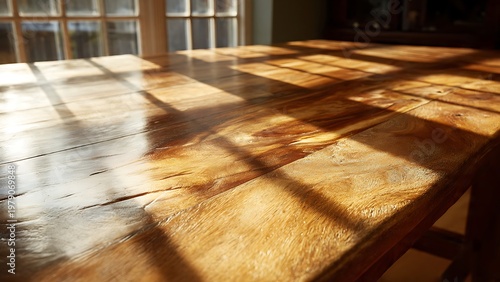 Large Teak Wood Table in Sunlight with Empty Background and Natural Light