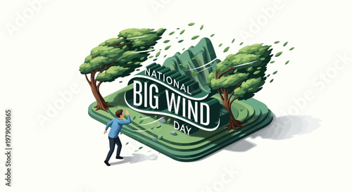 Isometric vector illustration celebrating National Big Wind Day, featuring a man looking up at wind-swept trees and stylized wind gusts on a green landscape with a clean white background
