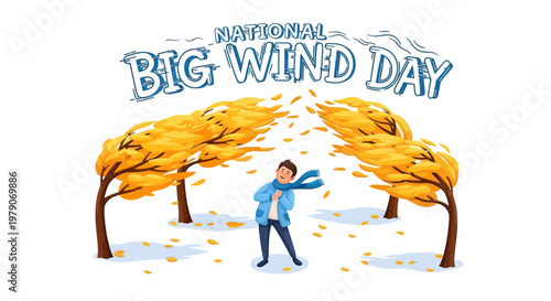 Celebrating National Big Wind Day, a digital illustration showcases a person braving a strong wind, with golden autumn trees bending dramatically and leaves swirling, set against a clean