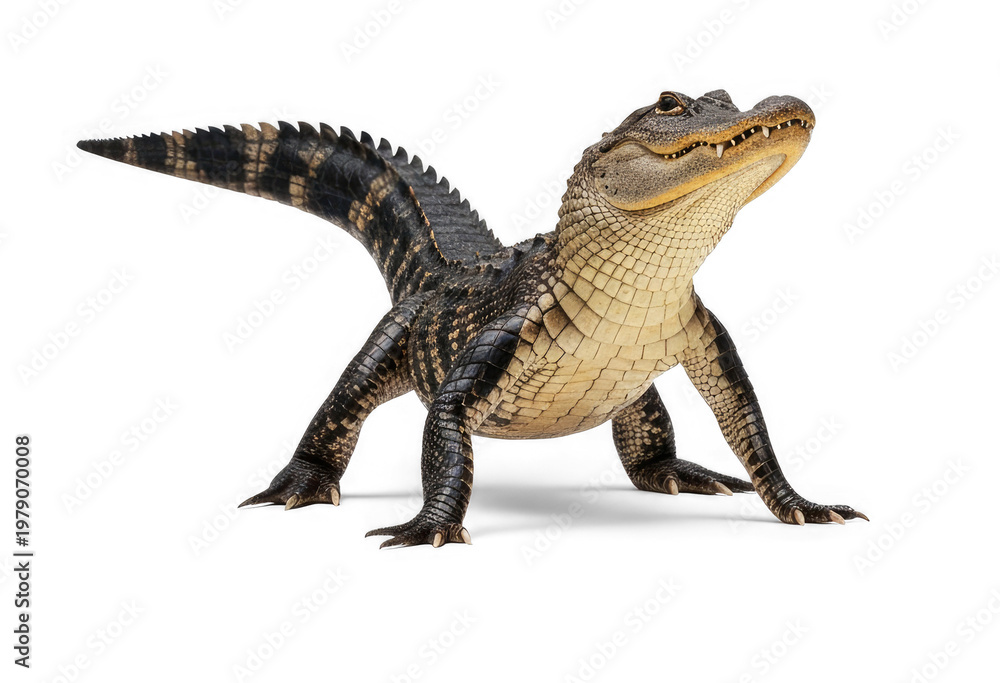 Fototapeta premium A large alligator stands confidently on a png transparent. The reptile displays its powerful jaws and textured scales.