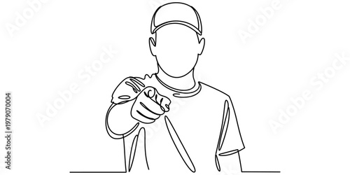 A single continuous line drawing of a person wearing a hat and pointing directly at the viewer.