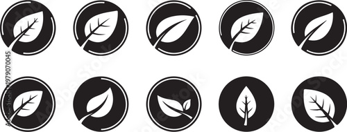 Set of black and white leaf icons on circles