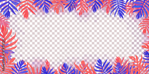 A vibrant frame of tropical leaves in contrasting red and blue hues