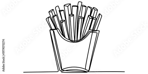 A simple continuous line drawing illustration of a serving of crispy golden salted french fries
