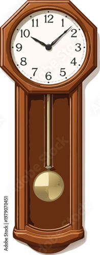 Classic wooden wall clock vector illustration with pendulum octagonal frame white dial black roman and arabic numerals and vintage home decor design
