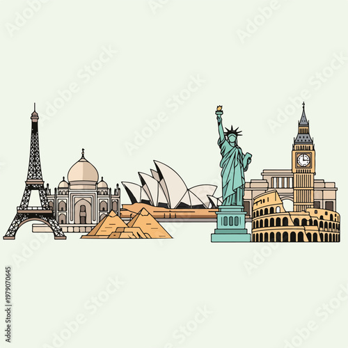 Illustration featuring iconic monuments from around the world
