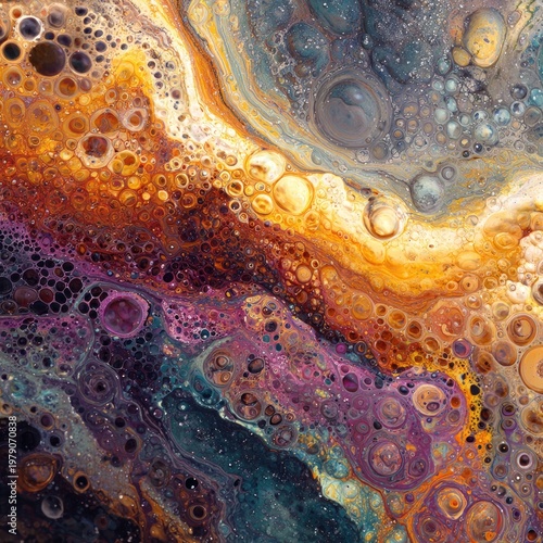 Abstract art with fluid patterns in golds, purples, and blues, featuring a bubbly texture