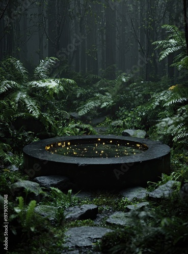 A serene forest scene features a dark pool surrounded by lush ferns, lit softly