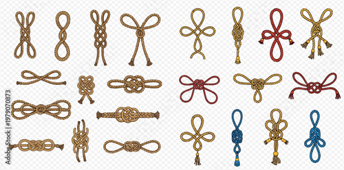 Set of decorative rope knots and borders, various nautical and ornamental cordage elements for design.
