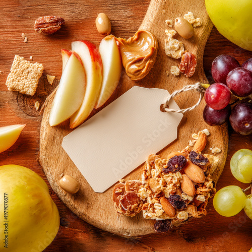 Fruit slices and granola bars on wooden cutting boards