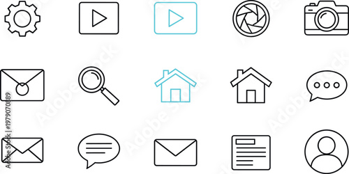 User interface and multimedia icon set featuring play email search home profile symbols in modern outline vector style