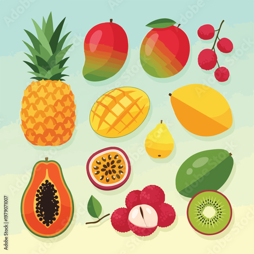 Illustration featuring various tropical fruits in colorful cartoon style against a pastel background