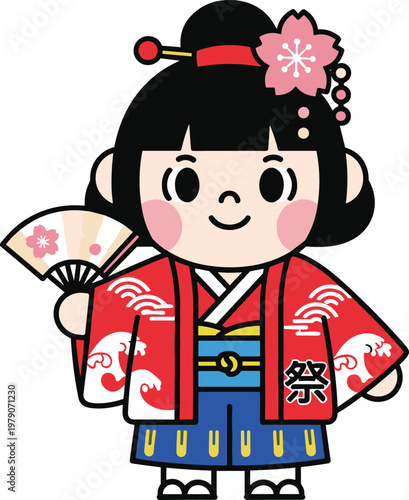 Cute cartoon girl in traditional Japanese kimono holding fan