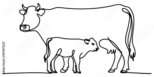 A continuous line drawing depicting a mother cow standing protectively next to her young calf.