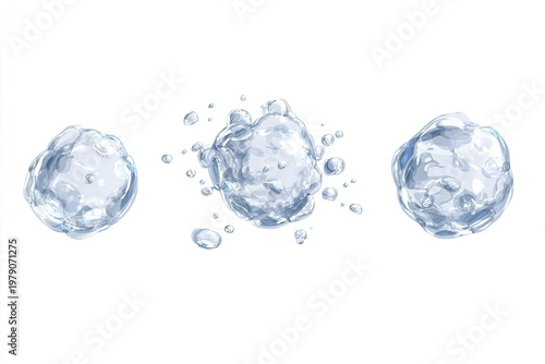 Three watery orbs of varying forms, rendered in translucent blue, against a white backdrop
