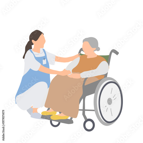 車椅子の高齢女性に寄り添う介護スタッフ