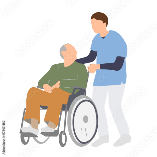 車椅子の高齢男性を押して移動をサポートする介護スタッフ