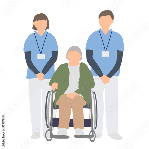 椅子の高齢者を支える介護スタッフのチーム