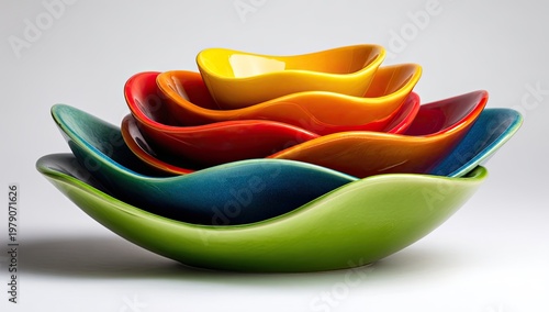 Stacked colorful ceramic bowls resembling petals, fanned out