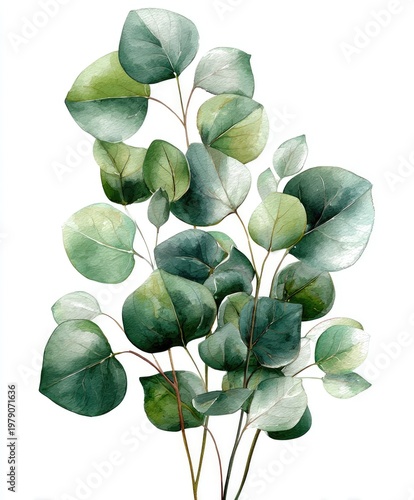 Watercolor painting of round, green eucalyptus leaves on delicate branches