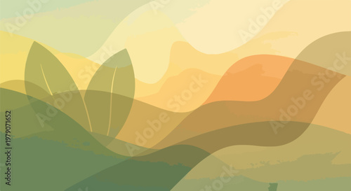 A serene abstract landscape with layered, wavy shapes in shades of green, yellow, and orange