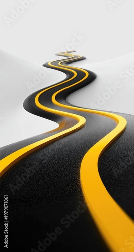 Winding, black asphalt road with yellow lines, set against a stark, white backdrop
