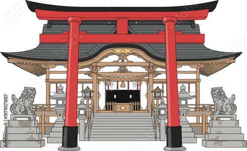 Traditional Japanese Shinto shrine entrance with torii gate and stone lions
