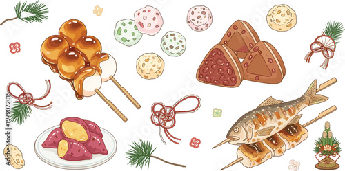 Traditional Japanese street food on skewers with sweet treats