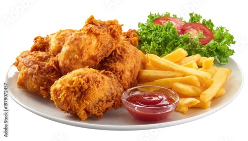 Golden crispy fried chicken pieces with fries, salad, and ketchup
