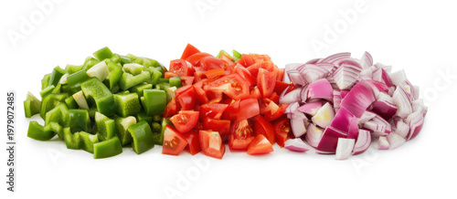 Three piles of chopped fresh vegetables including green bell peppers, red tomatoes, and red onions