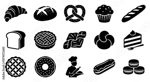 Bakery icons set with 15 black vector elements, bread and pastry silhouettes, collection of dessert and cake symbols for cafe menus