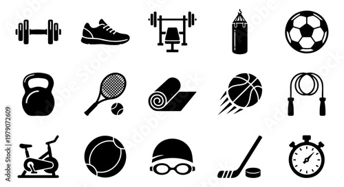 Fitness and gym equipment icons set, 15 black sport vector elements, workout and athletic training symbols for health and wellness apps