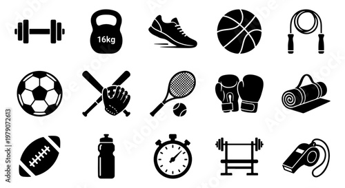 Fitness and sports equipment icon set, 15 black gym and athletic vector elements, workout gear and competitive sports symbols on white background