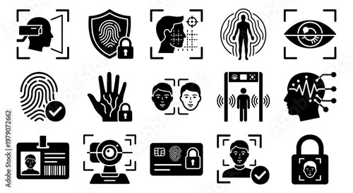 Biometric security icons set, facial recognition and fingerprint scanning symbols, 15 black vector elements for identity verification and digital privacy