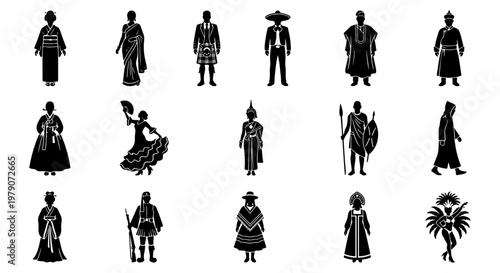 Traditional folk costume silhouettes, set of 18 global cultural clothing icons. Ethnic dress and national outfit vector illustrations. World heritage fashion silhouettes.