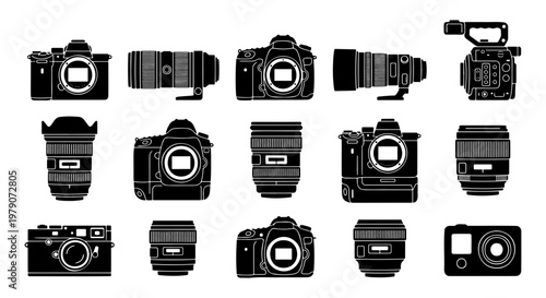Professional camera equipment icons set, digital photography gear silhouettes, 15 vector camera bodies and lenses for media production