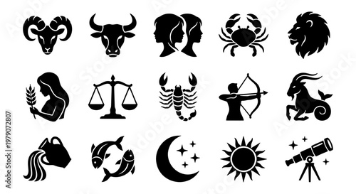 Zodiac signs icon set, black silhouette astrology symbols and horoscope elements, 15 celestial vector graphics for mystical design and astronomy