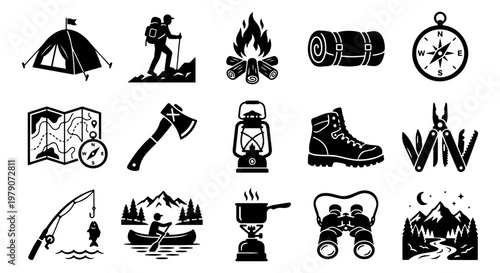 Outdoor camping icons set, black silhouette adventure gear elements, 15 hiking and survival vector symbols for wilderness exploration and tourism