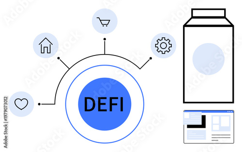 Financial technology, digital economy, decentralized finance, blockchain systems, financial applications, online services. Circular DEFI text with icons for home, cart heart gear. Decentralized