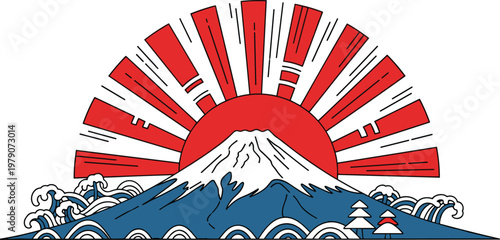 Vibrant Japanese mountain landscape with iconic Fuji and rising sun