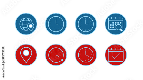 Icons combining maps, clocks, and location pins in modern flat design.