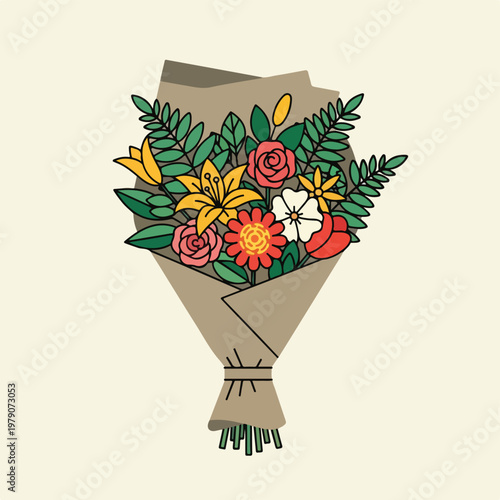 Illustration of a bouquet of flowers wrapped in paper with a ribbon