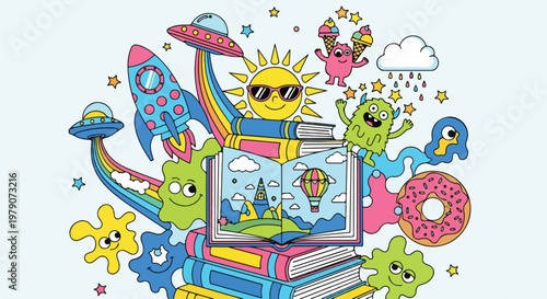 Colorful Cartoon Books with Fantasy Creatures.