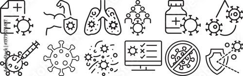 Set of black line representing virus, medical testing, protection, and healthcare concepts